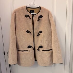 ZARA Beige Teddy Shearling Jacket with Dark Trim